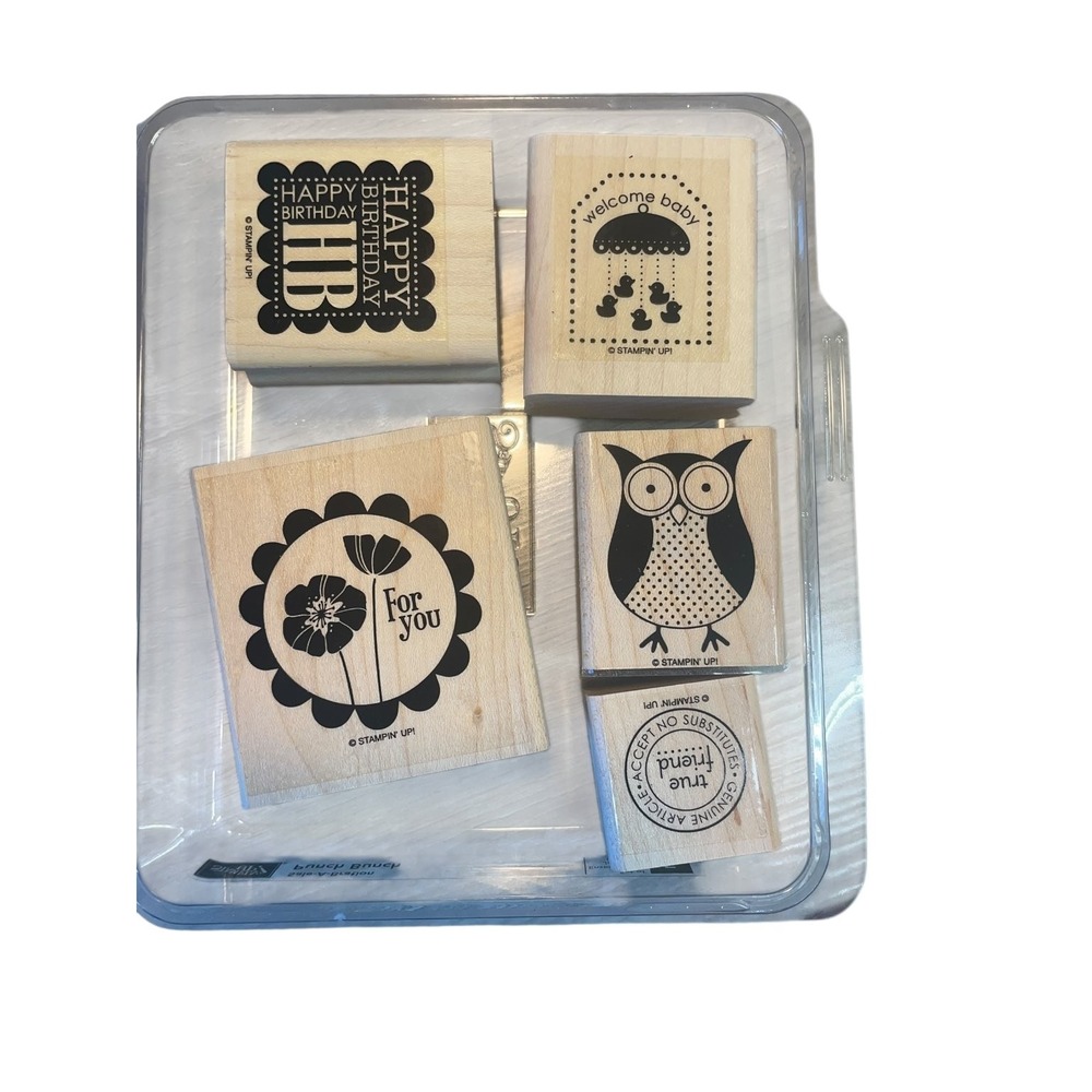 Stampin' Up! Wood Mounted Rubber‎ Stamp Set Baby Birthday Owl 5-Piece